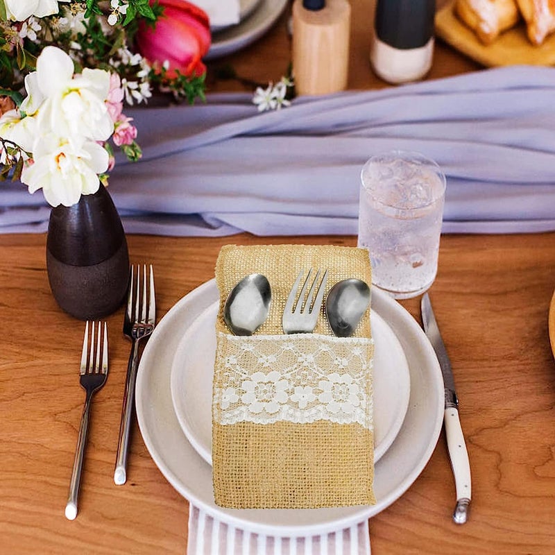 OZXCHIXU TM 100 Pack Natural Burlap Cutlery Holder Pouch Bag 4x8.5 Inch with Lace Silverware Napkin Holders Wedding Party Bridal Shower Table Setting Table Decoration - Image 5